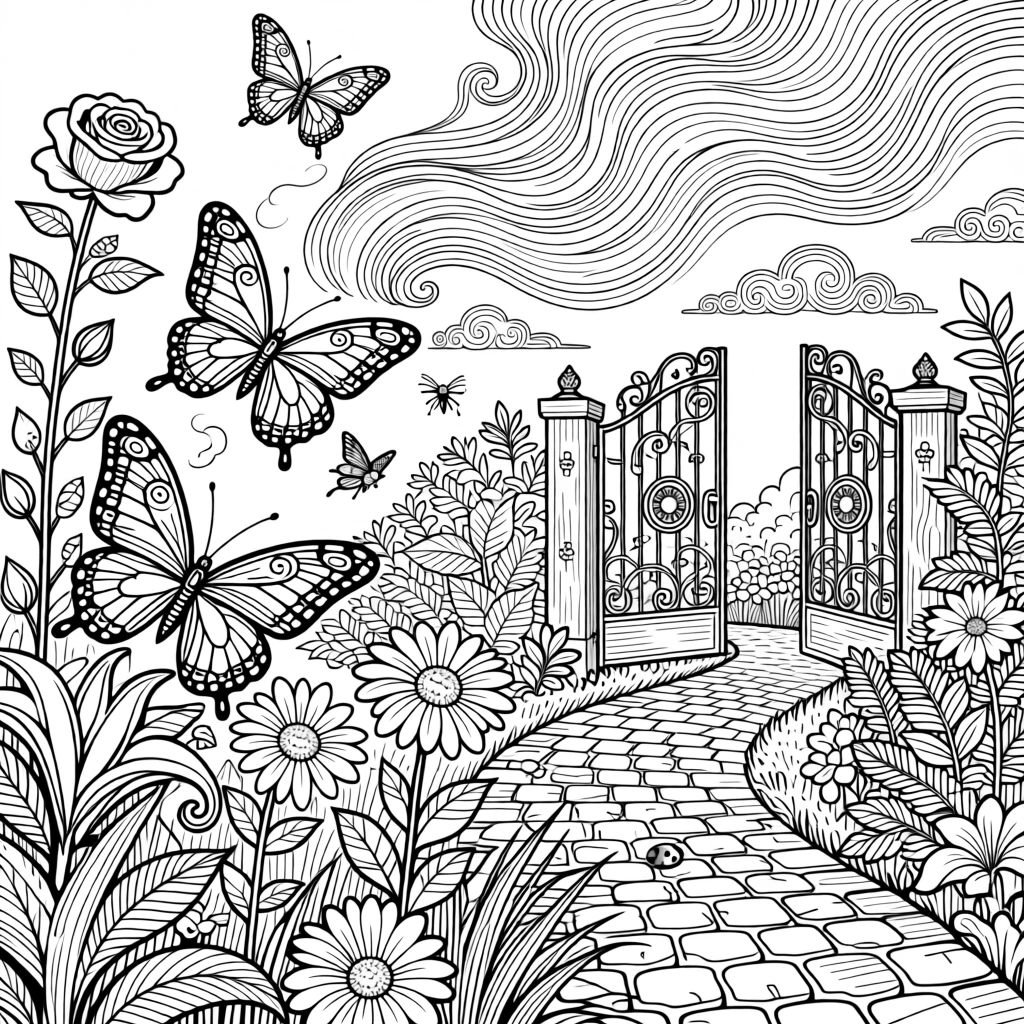 A single trail of butterflies leading toward an open garden gate.