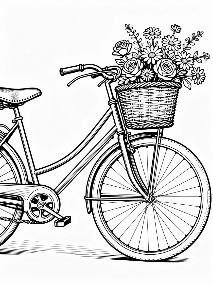 A vintage bicycle with a woven basket full of flowers