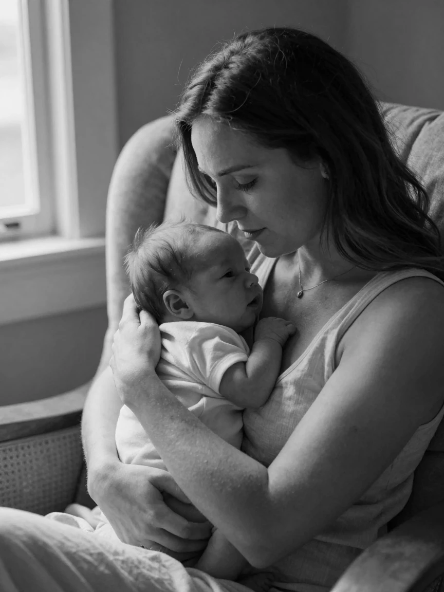 A young mother cradles her newborn baby beside a soft rocking chair.