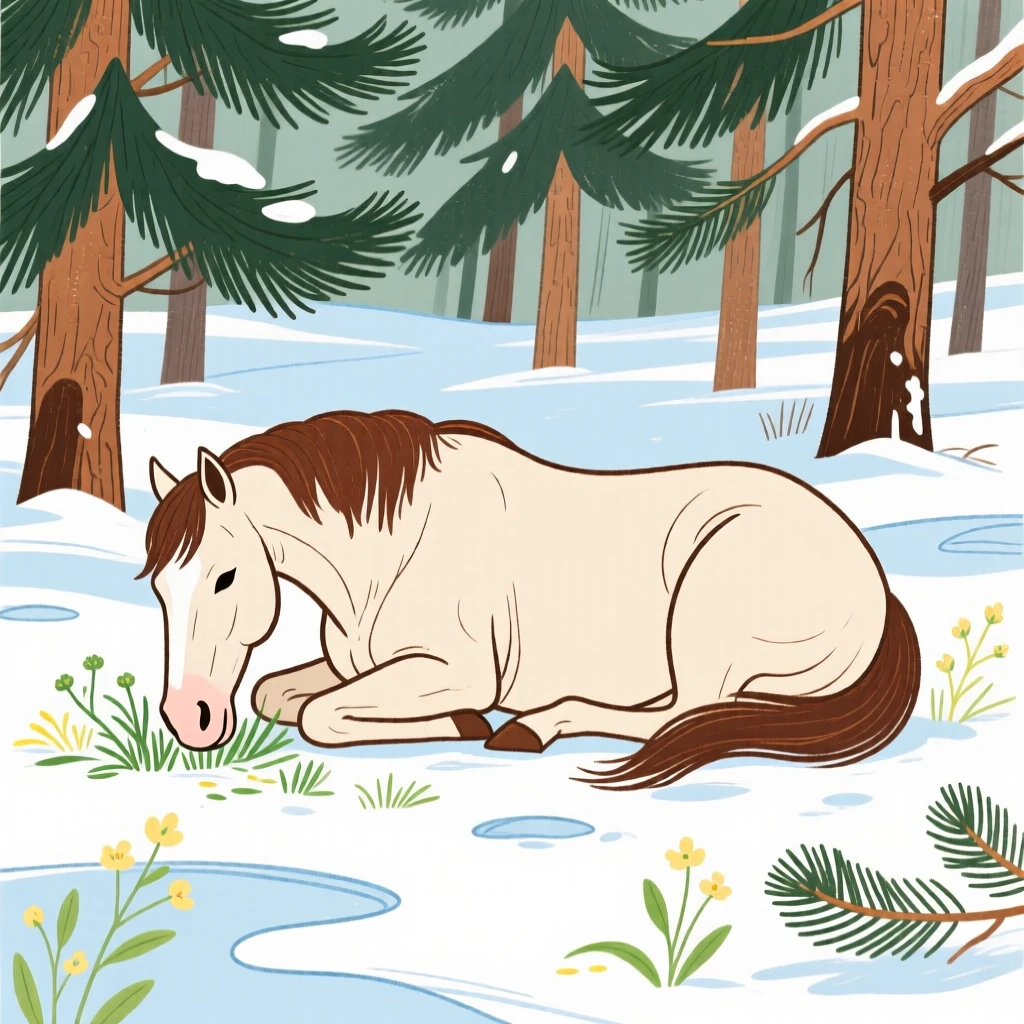 A grazing horse curled up together in a snowy pine forest in early spring.