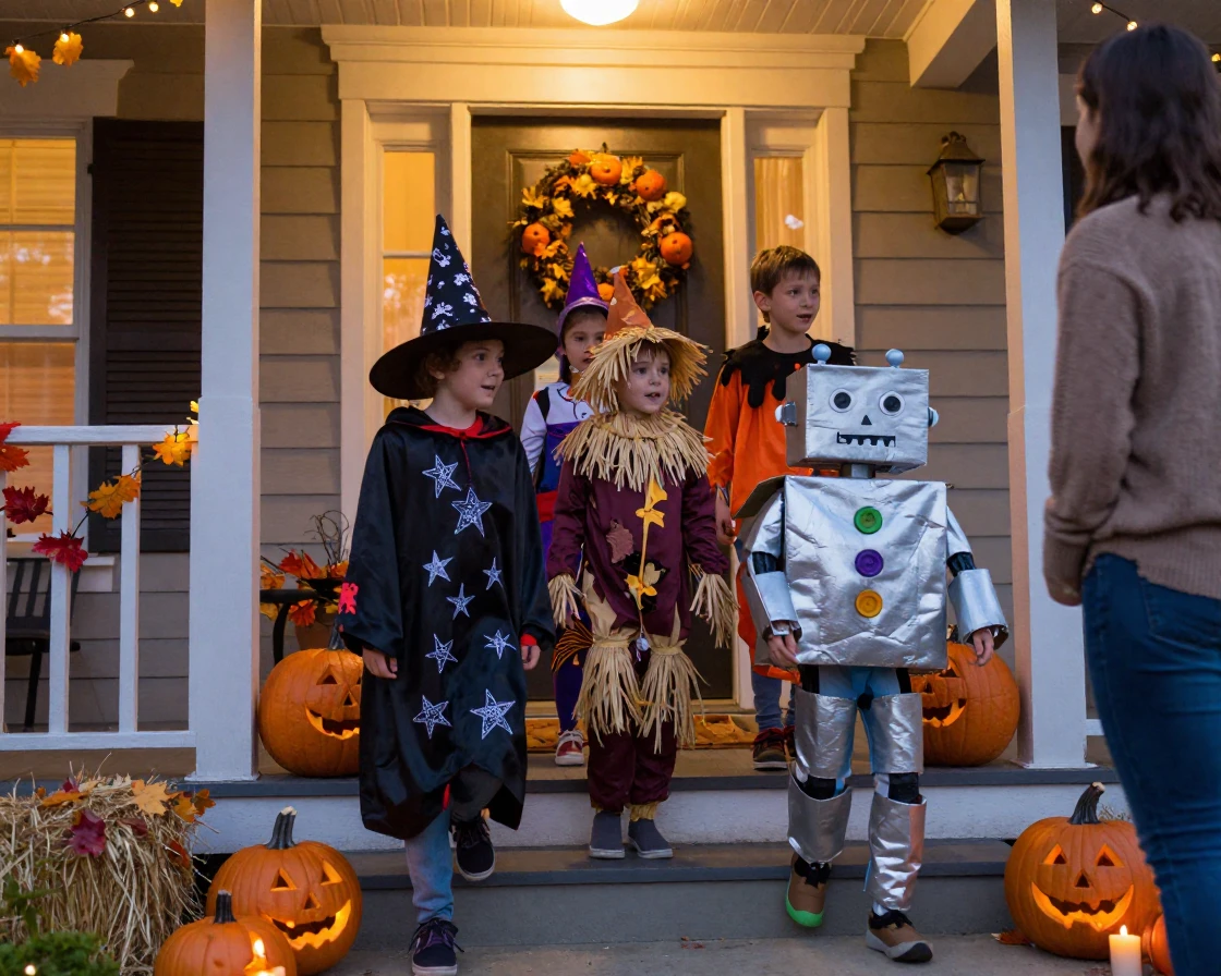 Trick-or-treaters in homemade costumes climb the steps of a decorated porch at dusk.