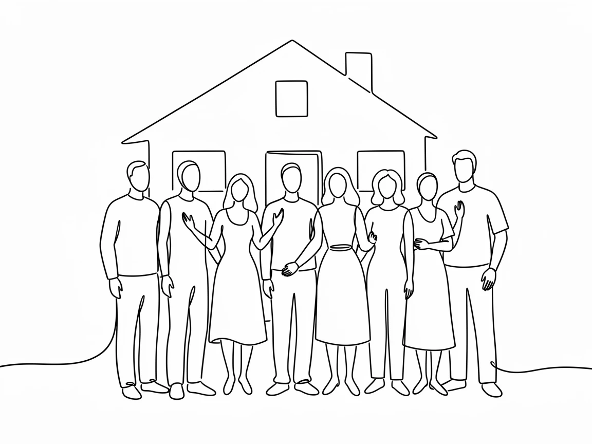 A large family posing together for a portrait in front of their house