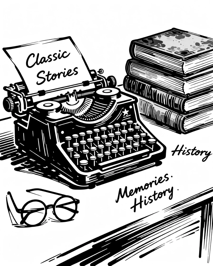 A neatly arranged desk scene with a typewriter, glasses, and stack of old books.