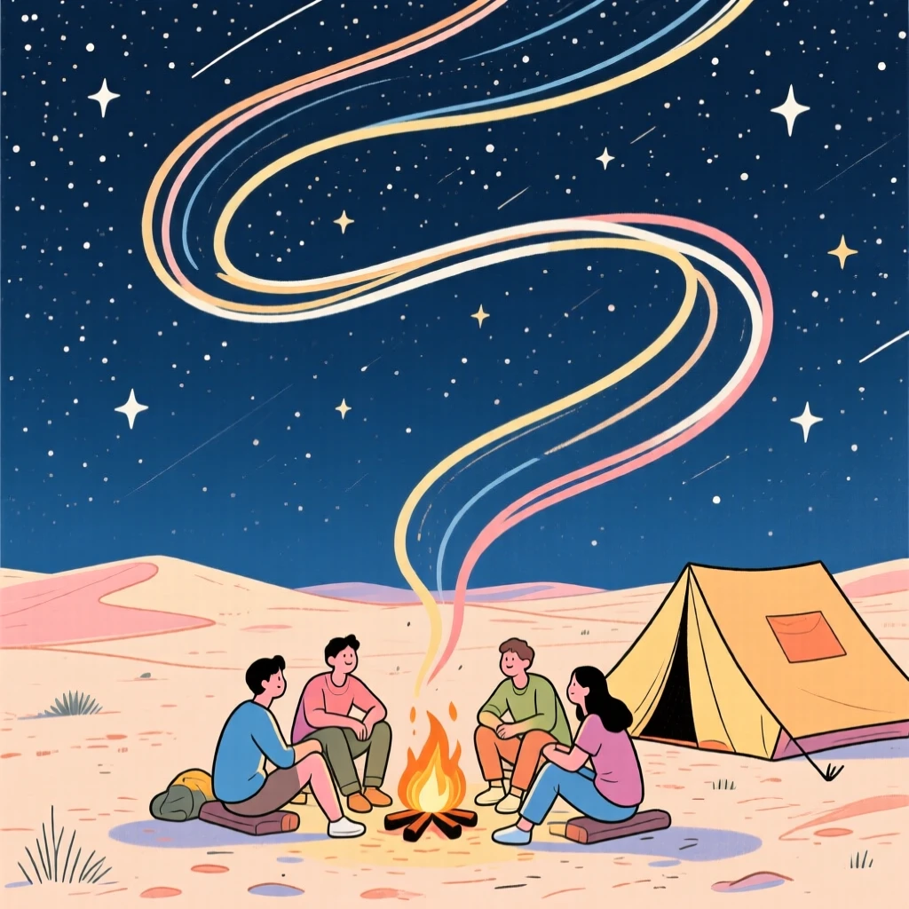 A group of friends camping beneath a sky full of stars in the desert.