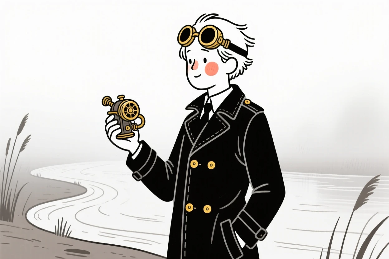A steampunk inventor with brass goggles, on a misty riverbank.