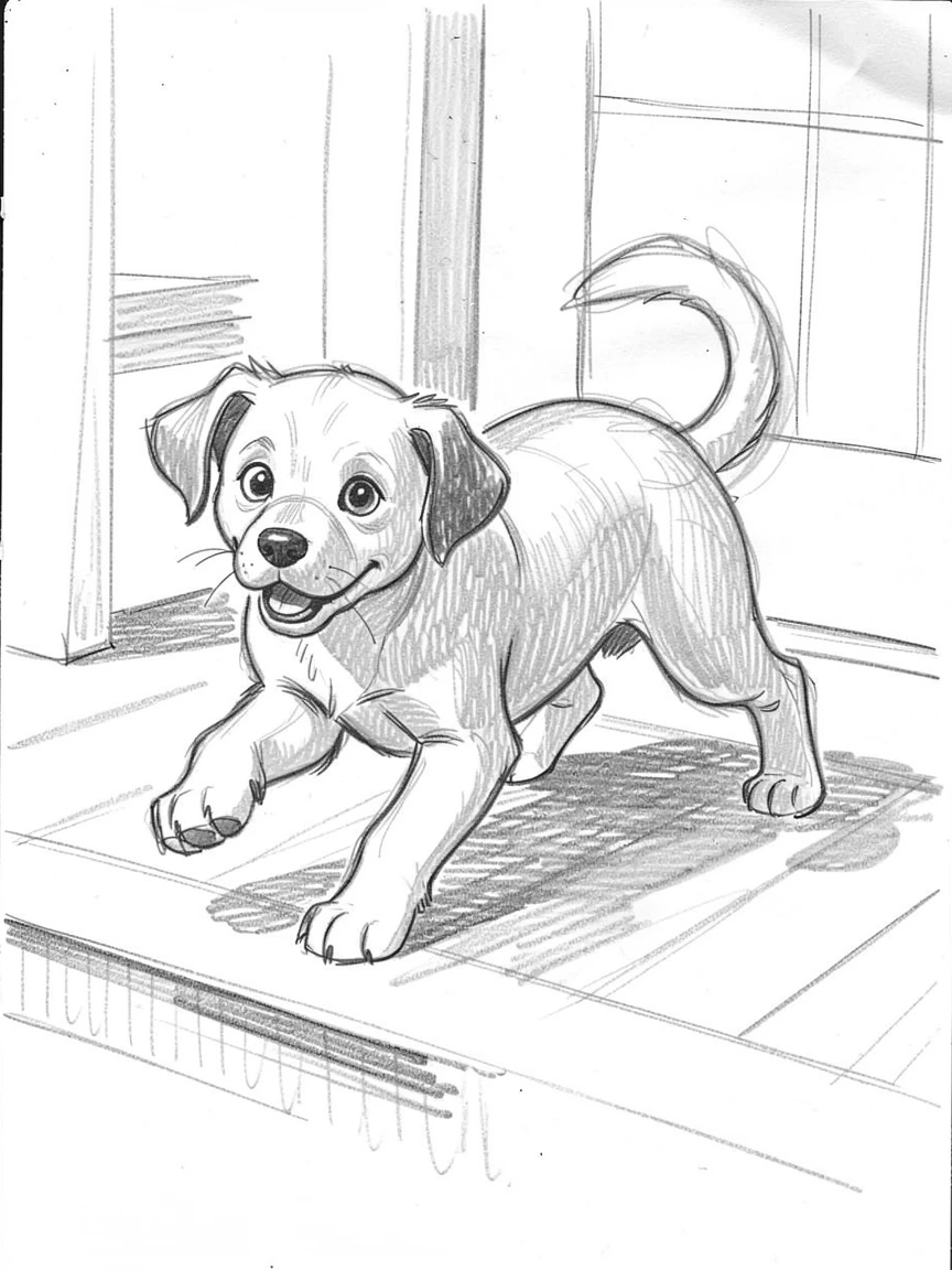 A puppy chasing its own tail in delight, on a warm porch step, with big, curious eyes.