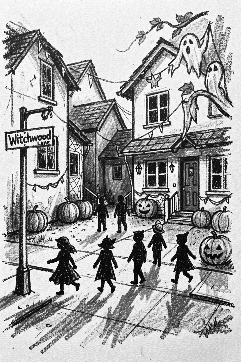 A Halloween trick-or-treat scene on a decorated suburban street, with a light breeze stirring the surroundings.