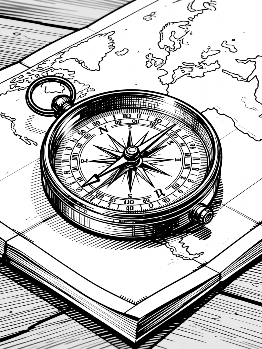 A single vintage compass resting atop a folded world map.