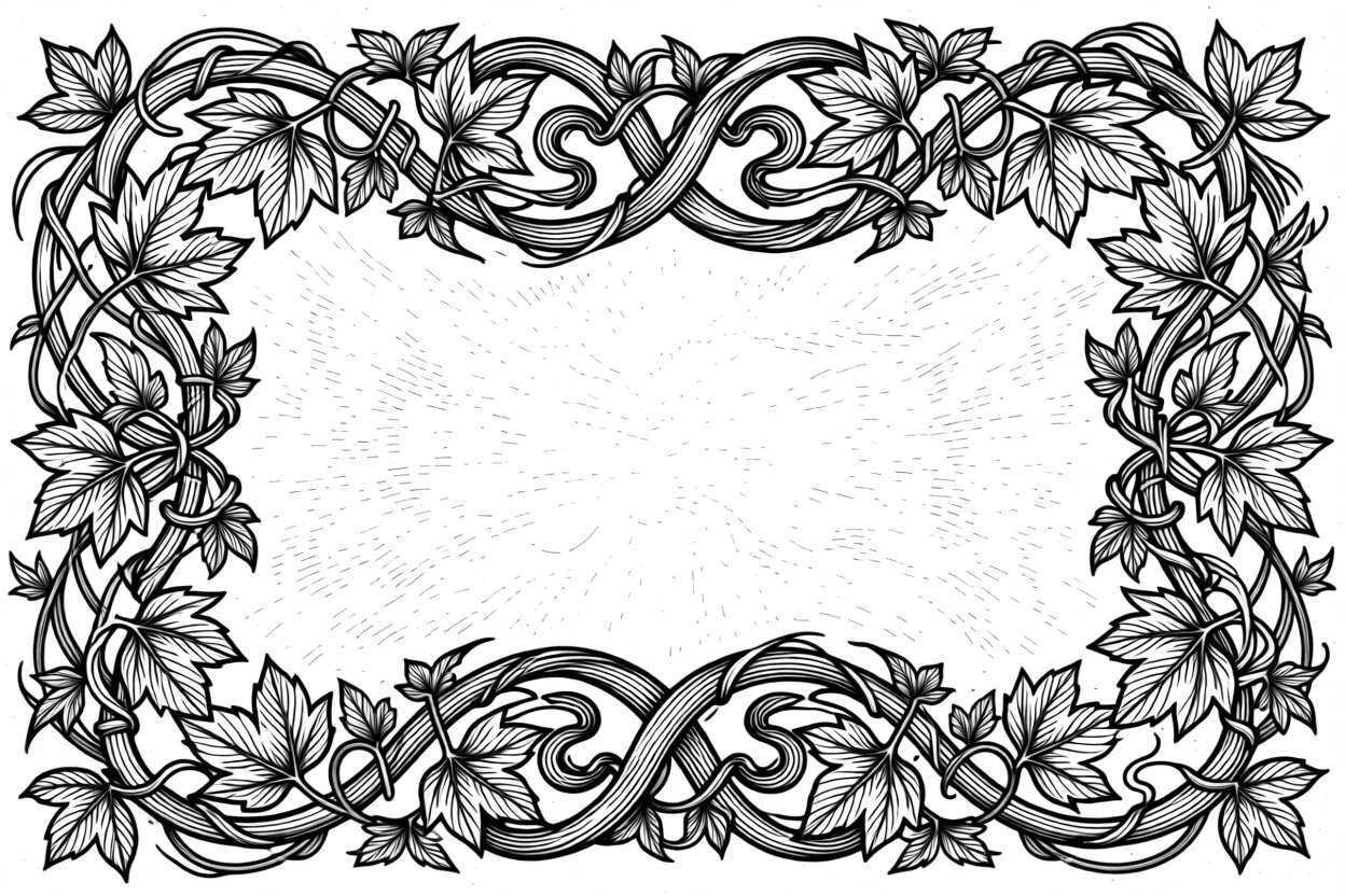 A decorative border of intertwining vines and leaves arranged in flowing, organic symmetry, with layered textures adding depth to the design, forming a luxuriously detailed decorative composition.