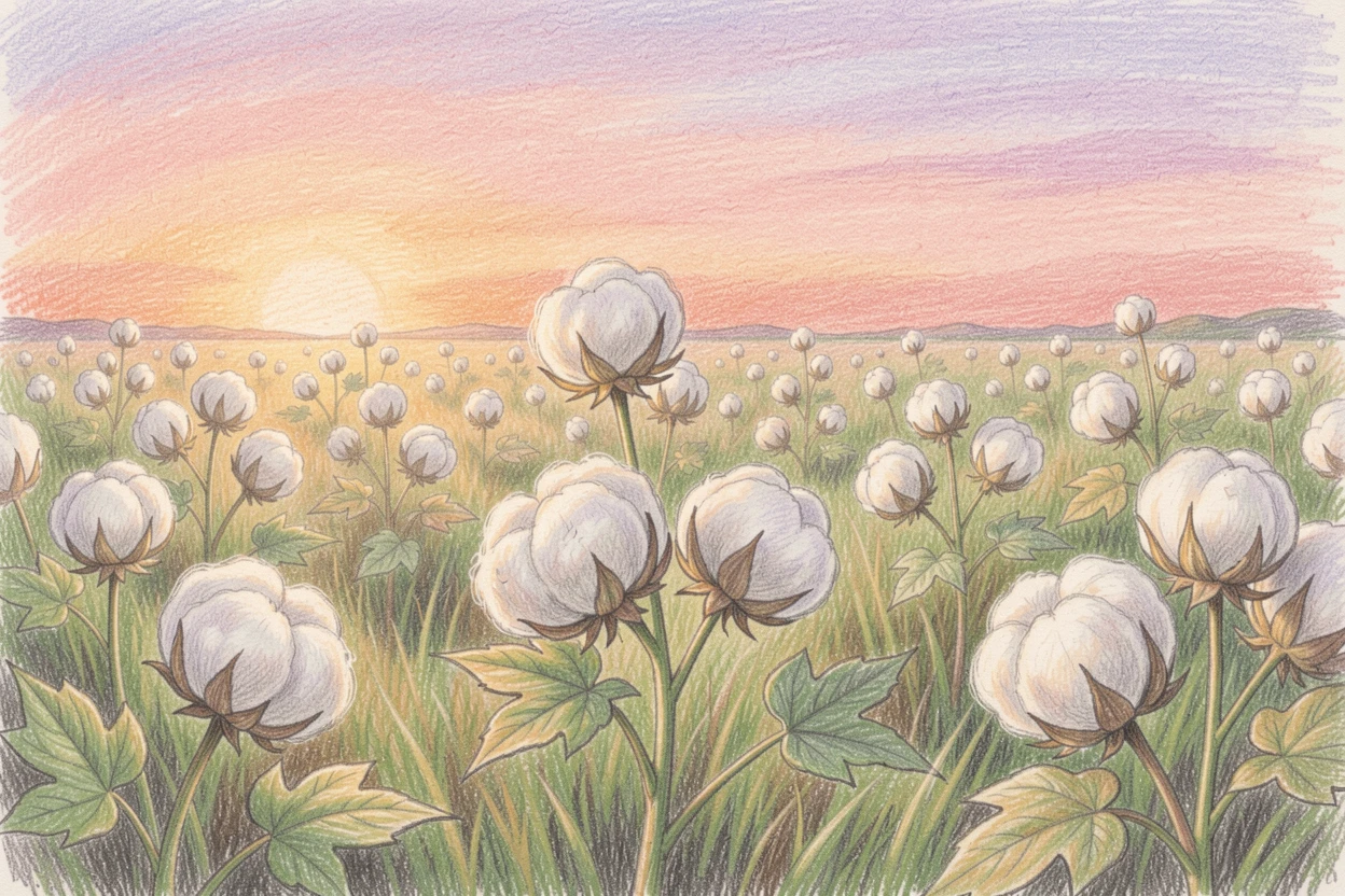 A quiet countryside field of cotton ready for harvest at sunset, framed thoughtfully to draw the eye toward the central subject, perfect for anyone drawn to gentle, heartfelt imagery.