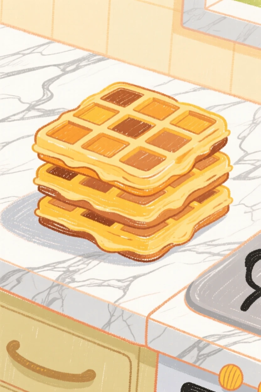 A stack of waffles arranged neatly on a marble kitchen counter.
