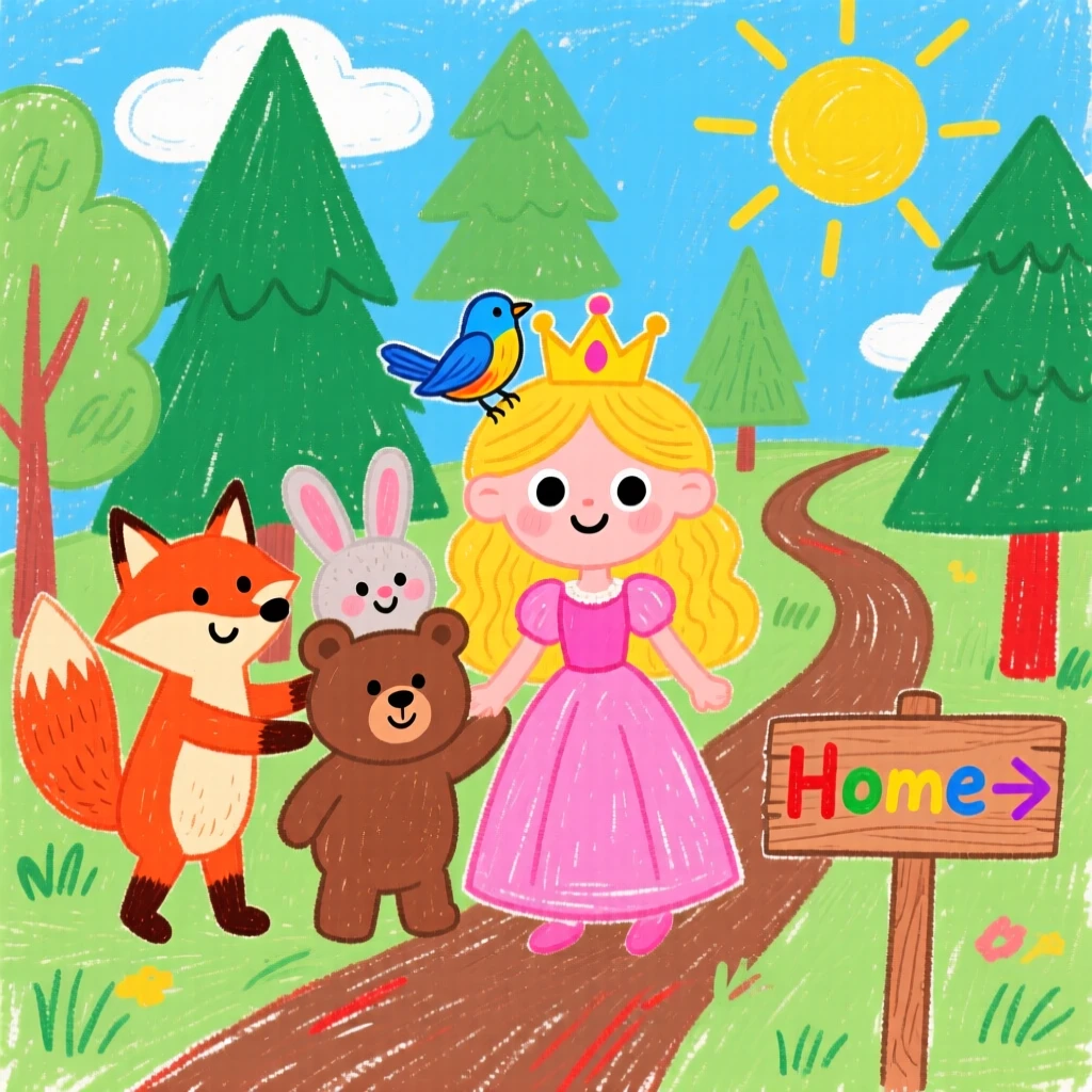 A group of woodland animals helping a lost princess find her way home.