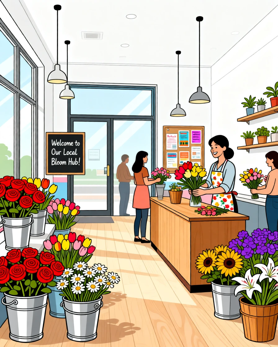 A stylish flower shop with buckets of colorful fresh blooms, set within a bright, stylish contemporary space, composed with a joyful, community-driven atmosphere, with a sense of community and connection in every detail.