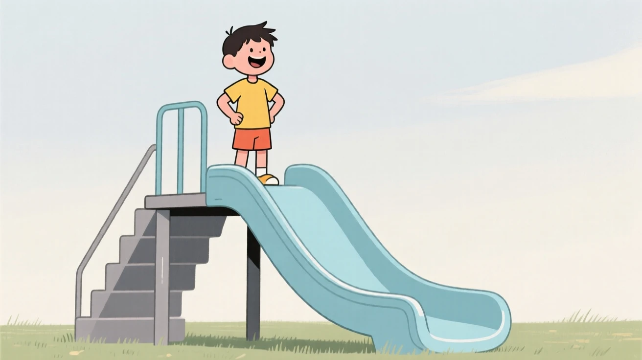 A child standing tall at the top of a playground slide, proud and excited.