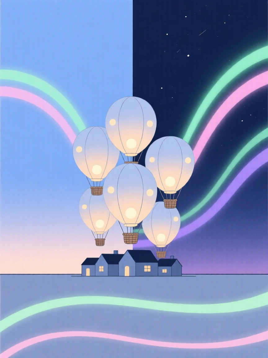 A magical lantern-lit hot air balloon village nestled within a horizon where day meets night, glowing near ribbons of aurora light, full of quiet enchantment.