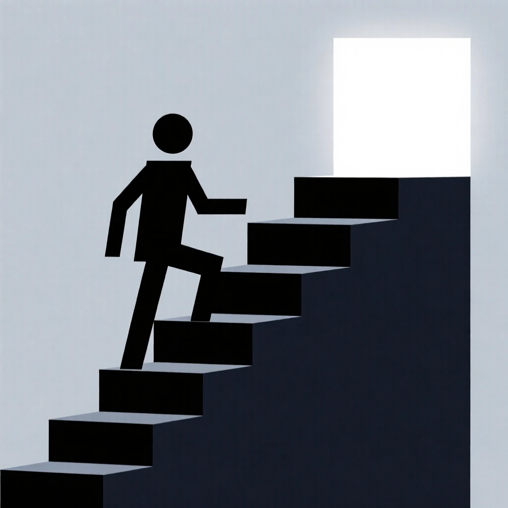 A person climbing stairs that lead into bright light