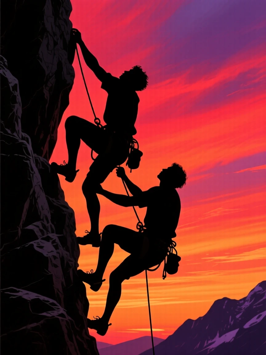 A pair of climbers silhouetted against a dramatic alpenglow sky.
