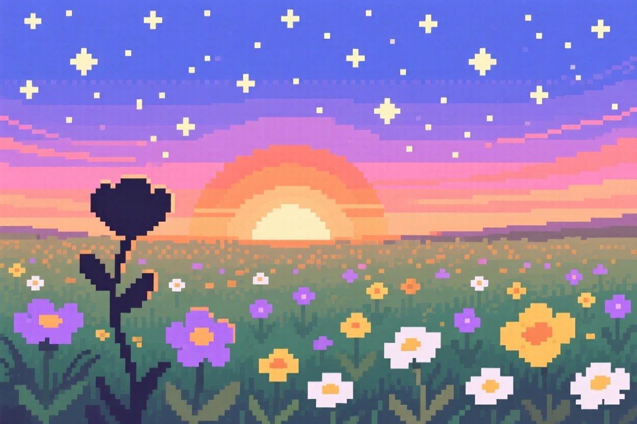 A field of wildflowers glowing under a sky full of stars, under a sky painted with the colors of sunset.