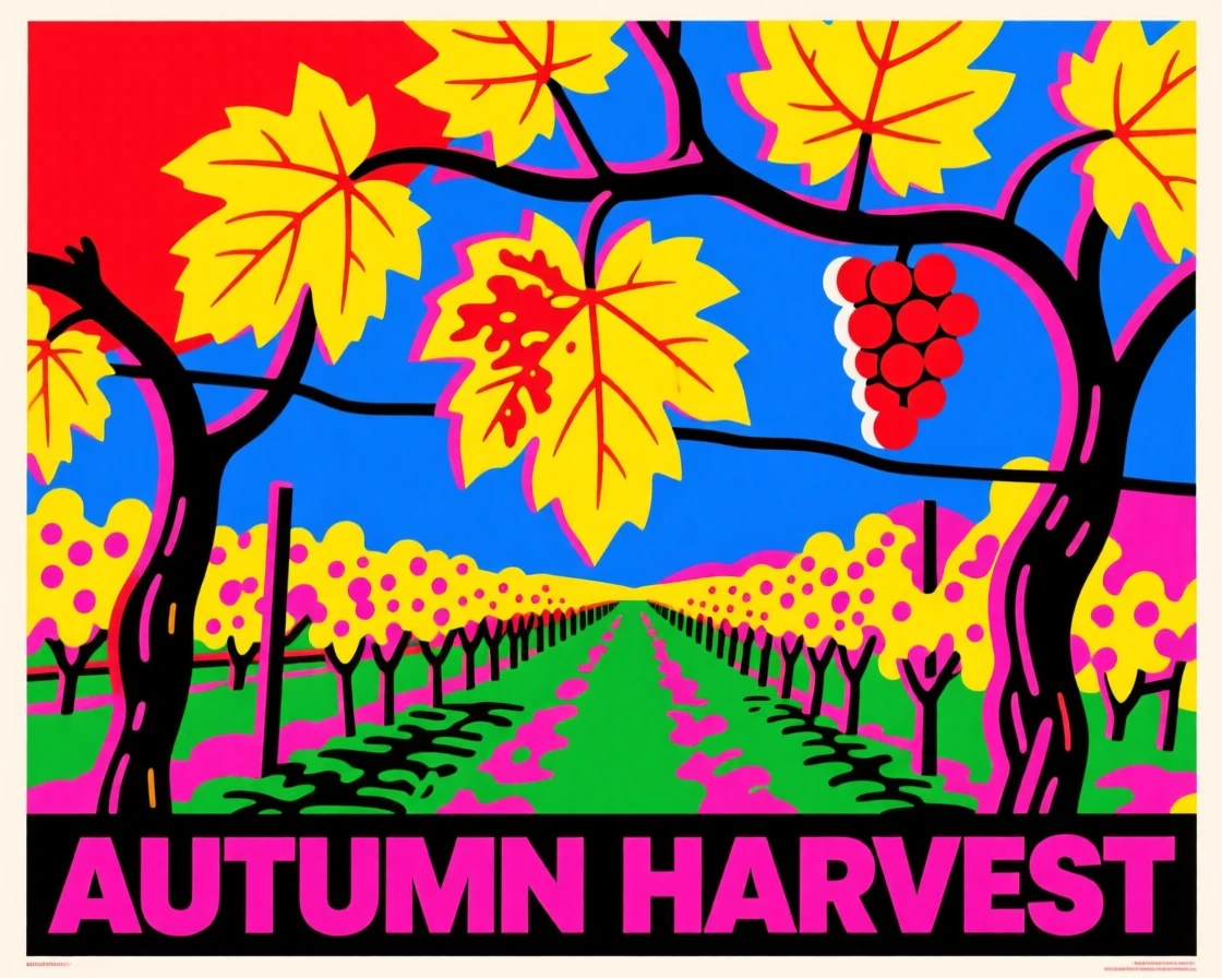 Autumn vineyard with golden leaves on the vines