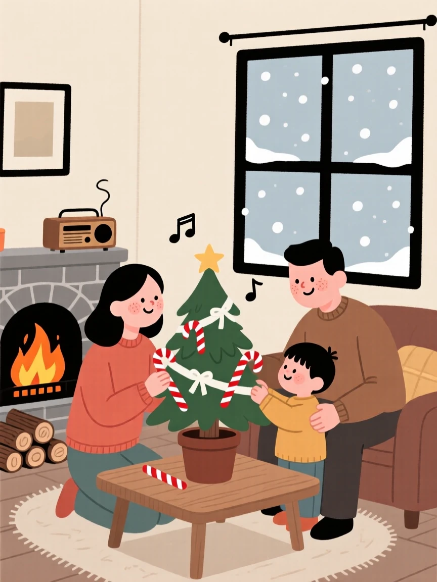 A family decorates a small potted fir with ribbons and candy canes while a crackling fireplace and soft music plays softly and snow drifts silently outside the window.