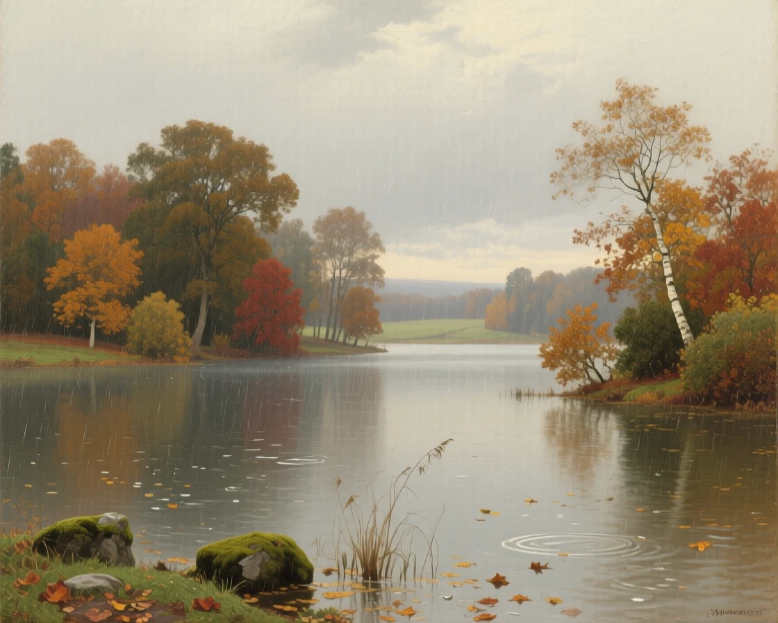 An expansive vista of a tranquil lake surrounded by autumn-colored trees, in the Dutch countryside, in mid-autumn, during a light rain.