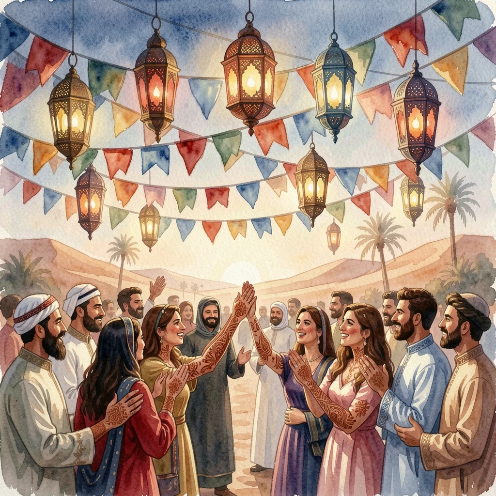 A Moroccan wedding celebration with lanterns and henna under strings of colorful festival flags.