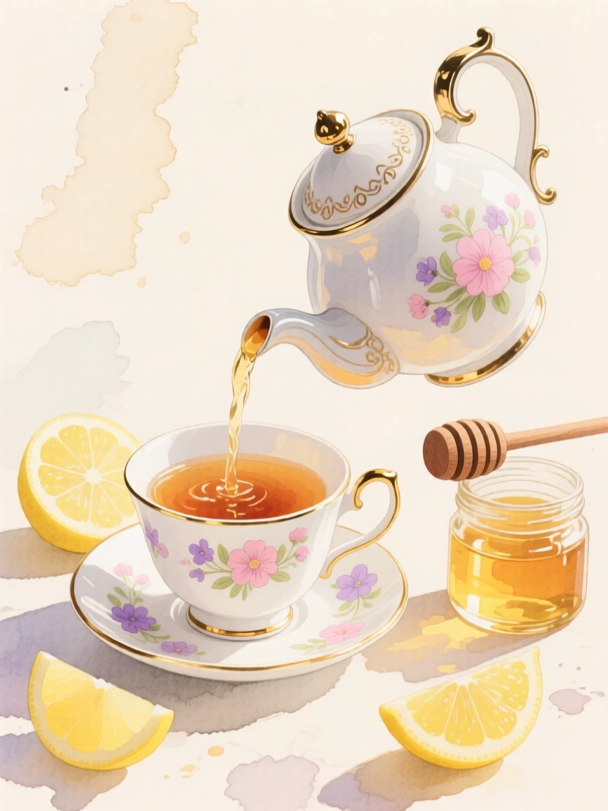 A vintage teapot pours amber tea into a floral cup surrounded by lemon slices and a small honey jar