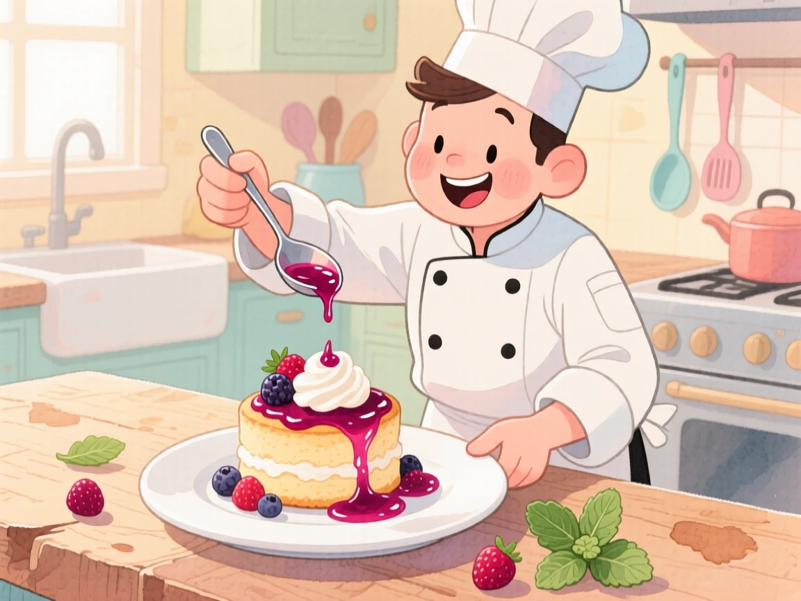 A chef plating a beautifully arranged dessert with a drizzle of berry sauce, capturing the joy of sharing a homemade meal.