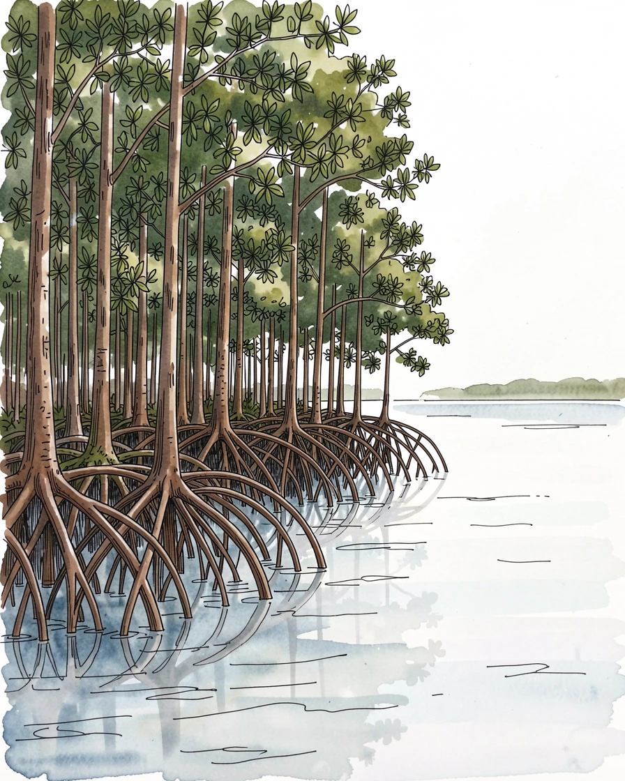 A dense mangrove forest with roots arching into calm tidal water, a sense of calm and vastness filling the open space.