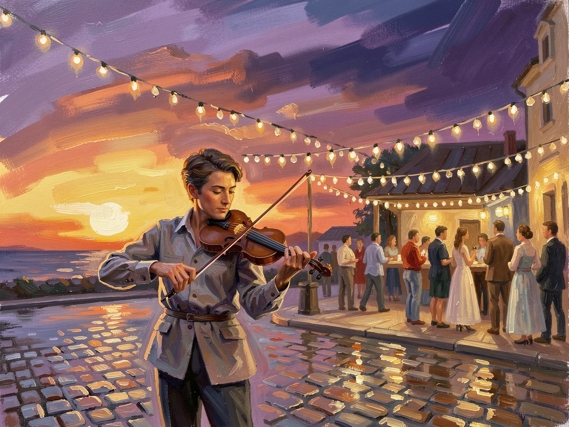 At sunset, colors deepening across the sky, a musician playing violin on a quiet street corner, beneath the warm glow of string lights at an outdoor gathering, a quiet moment of reflection.