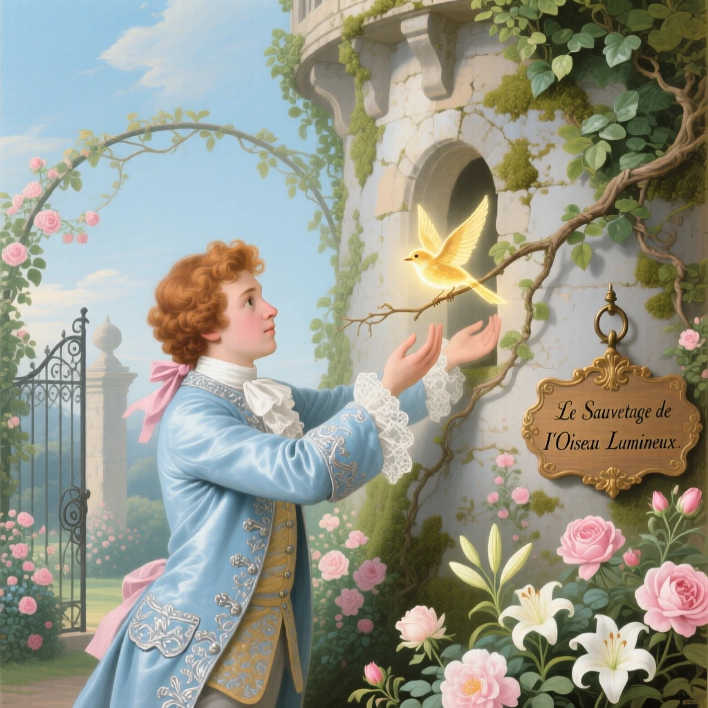 A young prince rescuing a glowing bird from an ivy-covered tower  