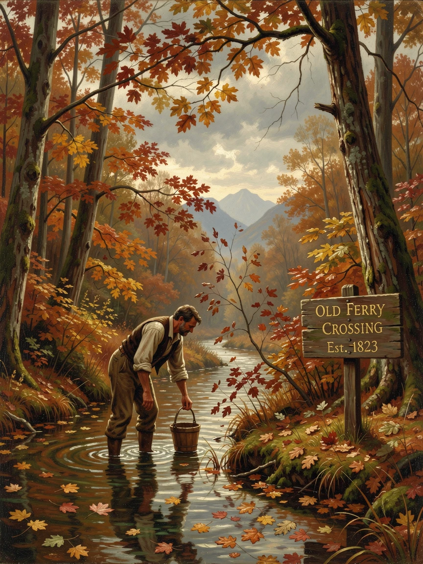 A ferryman gathers water from a narrow tributary hidden in the woods as autumn leaves drift downstream.