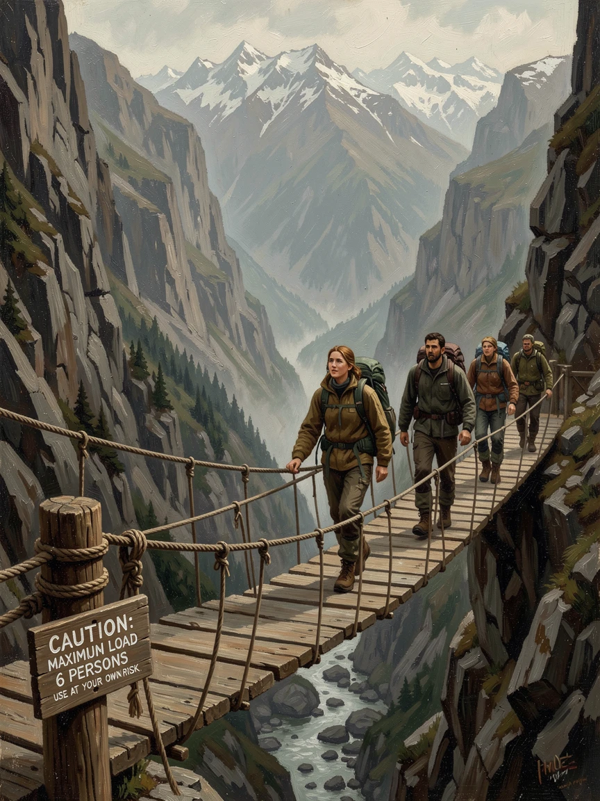 A group of trekkers crossing a rope bridge over a dramatic mountain gorge, with a sense of freedom and wonder evident in every detail, radiating the thrill of seeing the world's most incredible places