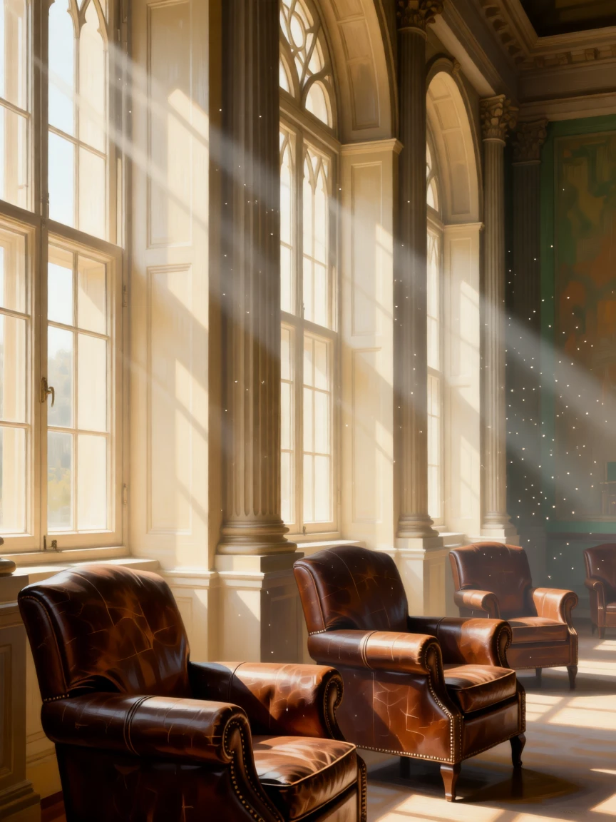 A quiet reading room with leather armchairs beside tall arched windows catching the first light of morning through tall windows, set within a private estate untouched by passing time, with dust motes drifting through slanted beams of colored light; strong vertical lines of columns lead the eye upward toward the light, evoking timeless grandeur and quiet reverence.