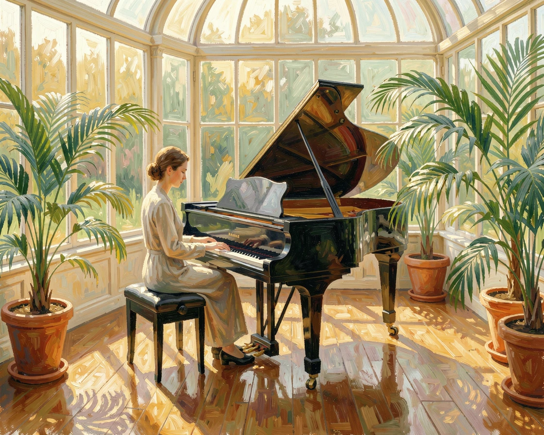 A pianist lost in thought at a grand piano in a sunlit conservatory filled with potted palms, capturing a fleeting moment of pure happiness.