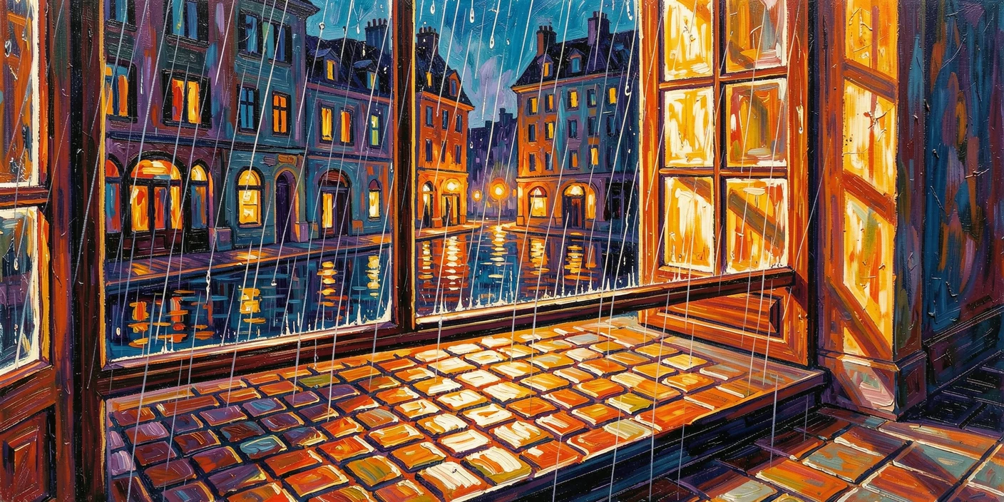 A window overlooking a rain-streaked city at night, warm light spilling onto wet cobblestones.