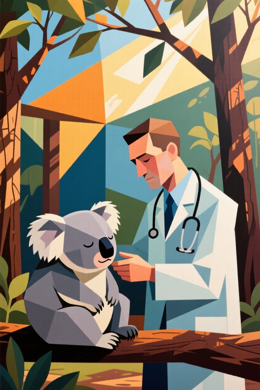 A veterinarian gently examining a sleepy koala in a sunlit sanctuary.