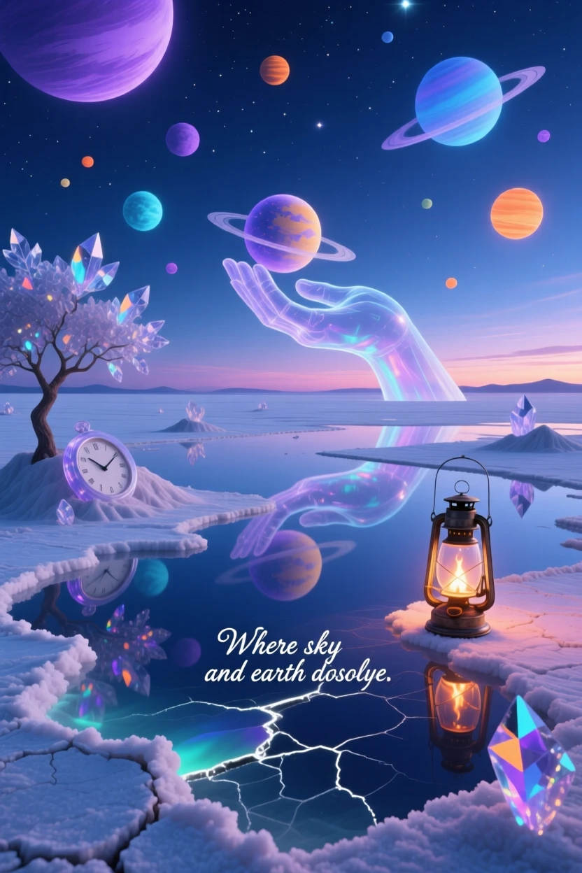 A salt flat that perfectly mirrors a sky full of drifting planets glows softly from within as night settles over it, as soft light pools in every hollow and crevice.