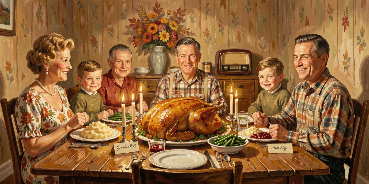 A traditional Thanksgiving table glows warmly with a golden roasted turkey surrounded by family gathered in a candlelit dining room, small cultural details woven throughout the scene, grounding it in a specific time and place.