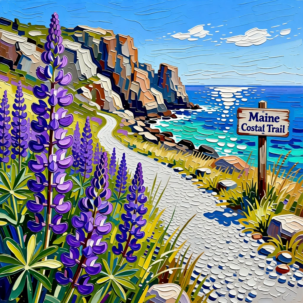 A field of wild lupines blooming in vivid purple along a coastal Maine road