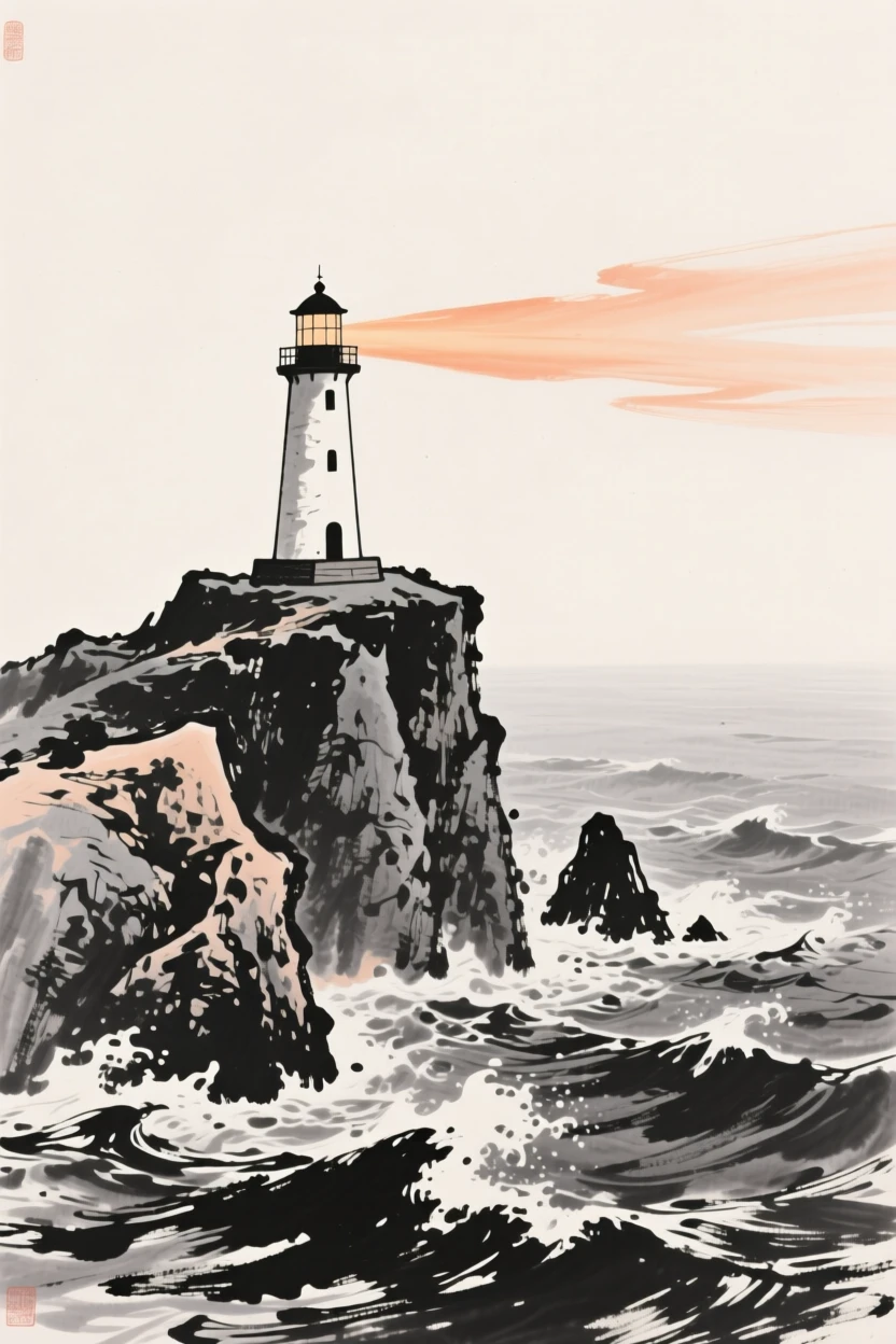 A lighthouse stands atop a rocky headland overlooking a stormy sea, beneath a sky streaked with the colors of sunset.