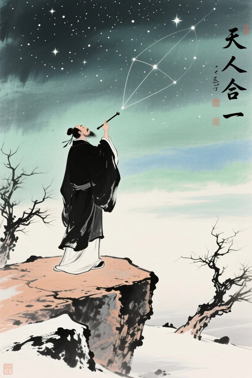 An ancient astronomer observing the stars from a stone platform at night, in the soft light of late afternoon, in the mild days of early winter, conveying a deep sense of harmony with nature.