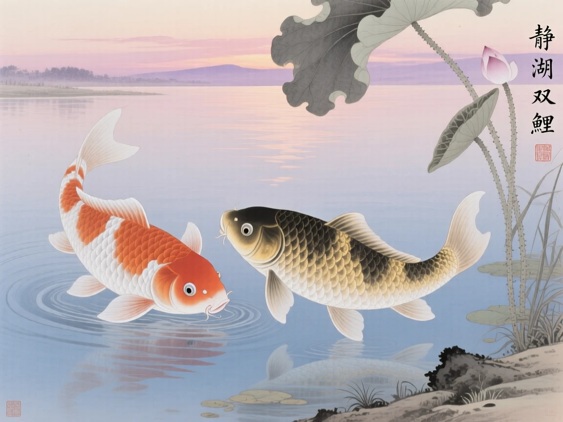 A pair of koi fish standing at the edge of a quiet lake at dusk