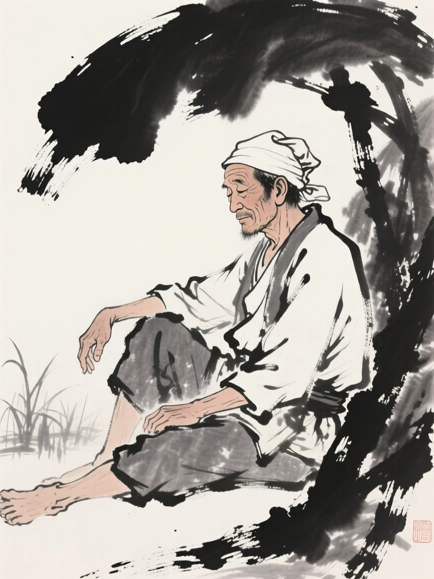 A farmer resting in the shade after a long day in the fields, framed intimately, focusing on quiet gesture and expression, capturing an everyday moment full of gentle humanity.