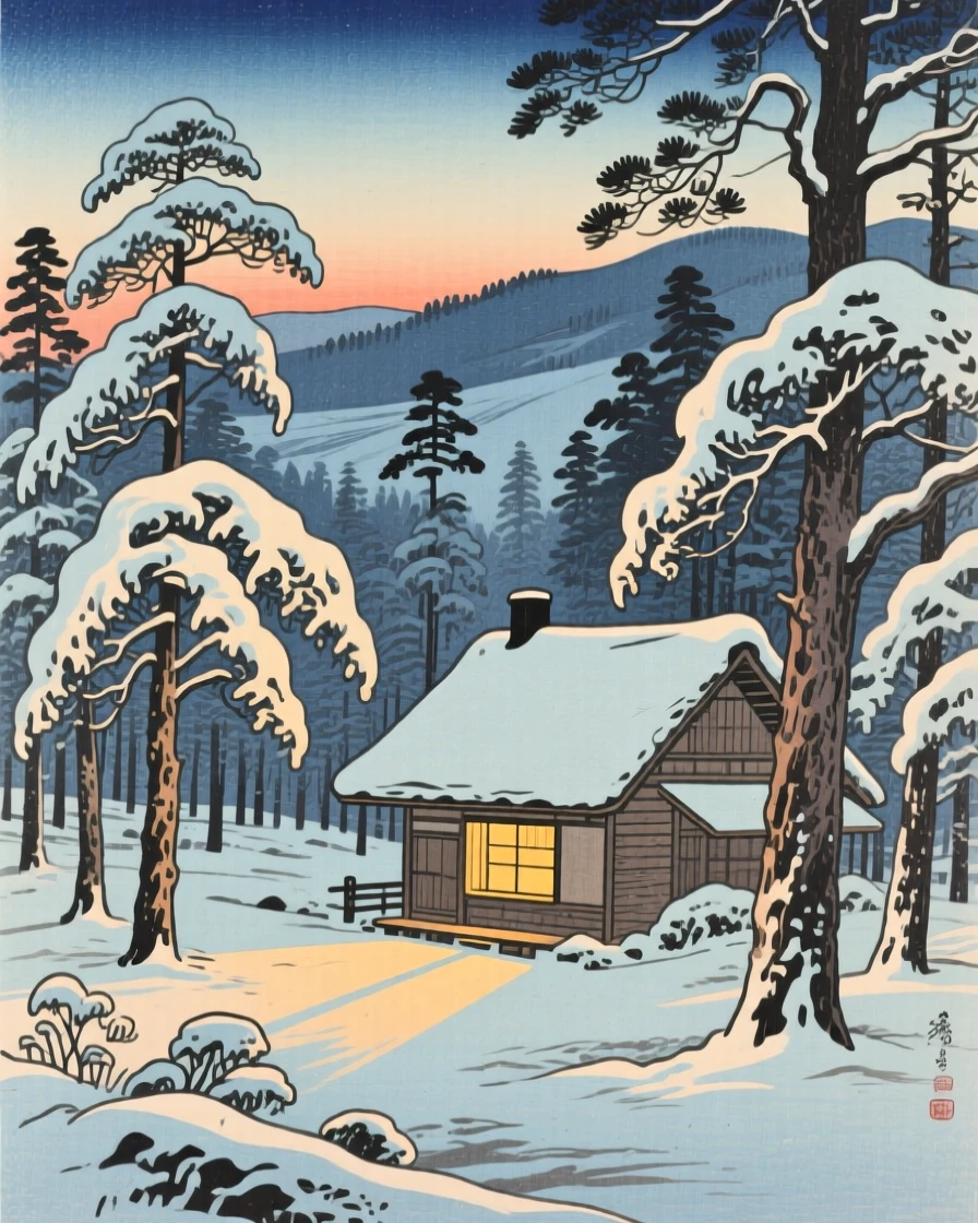 A warm glow spilling from a lone window in a snowy forest, in the fading light of evening.