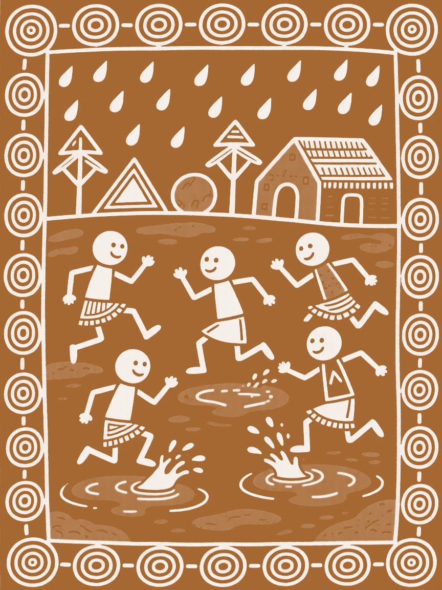 Children playing in the season's first rainfall.