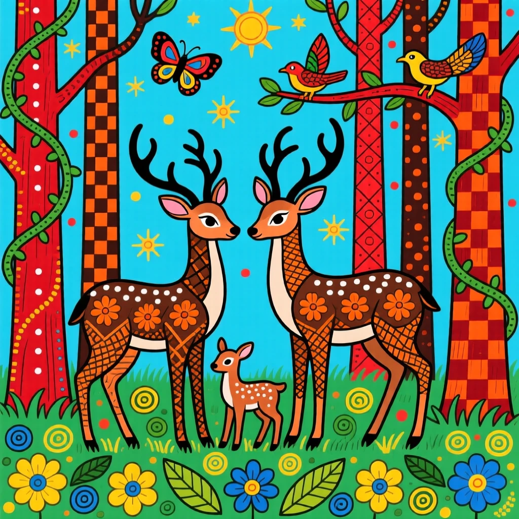 A family of deer grazing quietly in a redwood forest clearing.