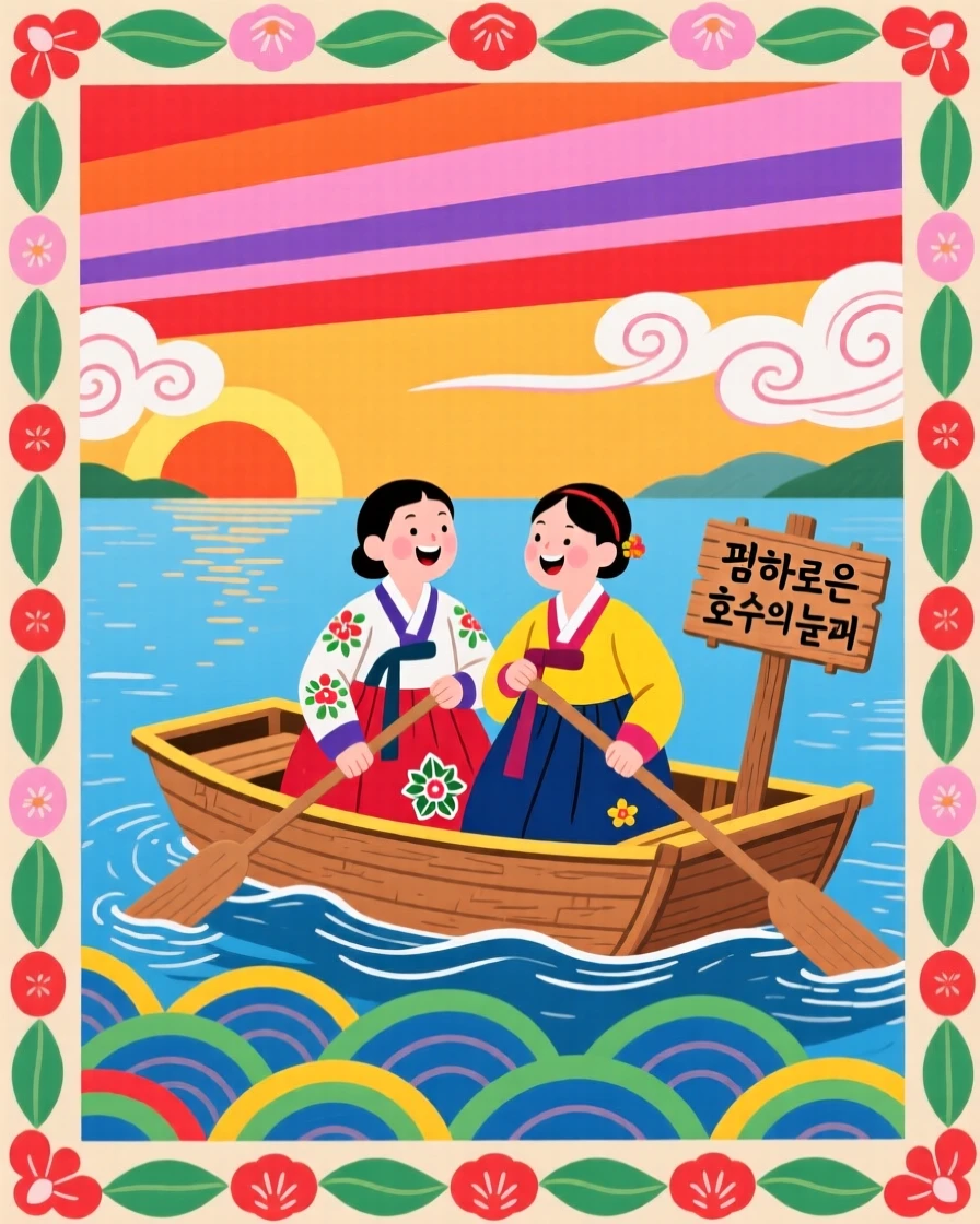 A couple rowing a small boat across a calm lake at sunset beneath a sky streaked with color.