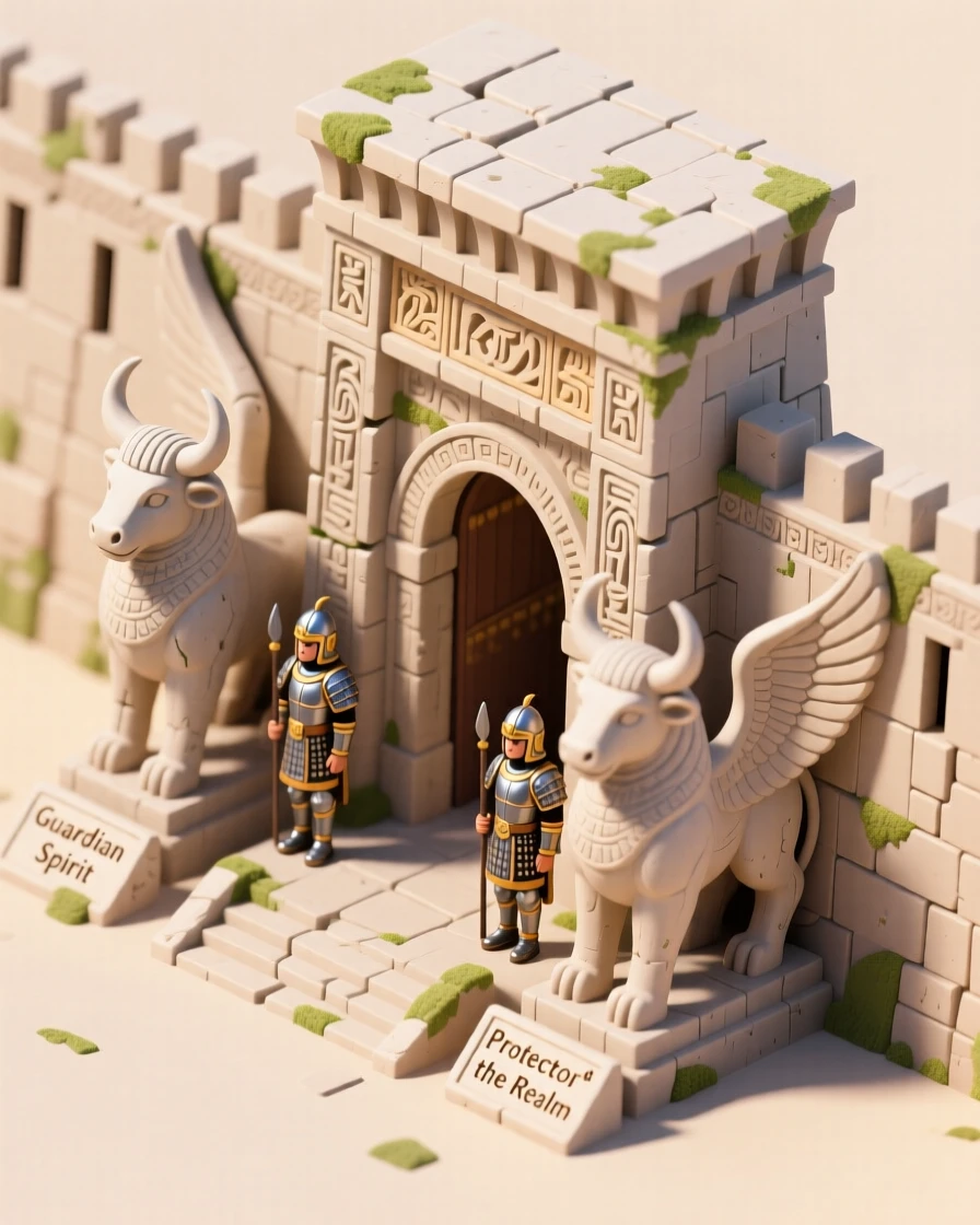An ancient Assyrian palace gate flanked by massive winged bull statues, guards standing watch beneath towering walls.