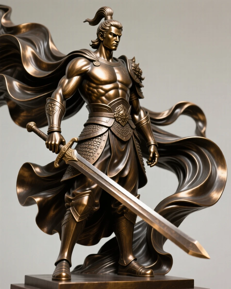 A warrior resting his hand on his sword's hilt, surrounded by swirling fabric and motion, forming a strong central focal point
